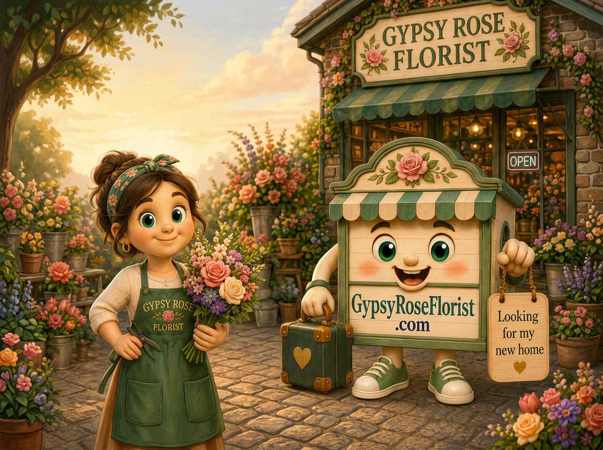 Illustration of the Gypsy Rose Florist shop with a friendly GypsyRoseFlorist.com signboard character holding a suitcase and a "Looking for my new home" tag