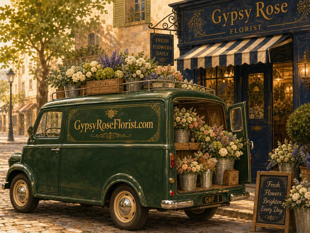 A florist delivery van signwritten with GypsyRoseFlorist.com